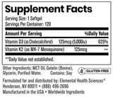 ELEMENTAL HEALTH SCIENCES VITAMIN D3+K2 SUPPLEMENT FACTS IMAGE AVAILABLE EXCLUSIVELY AT NUTRISHOP